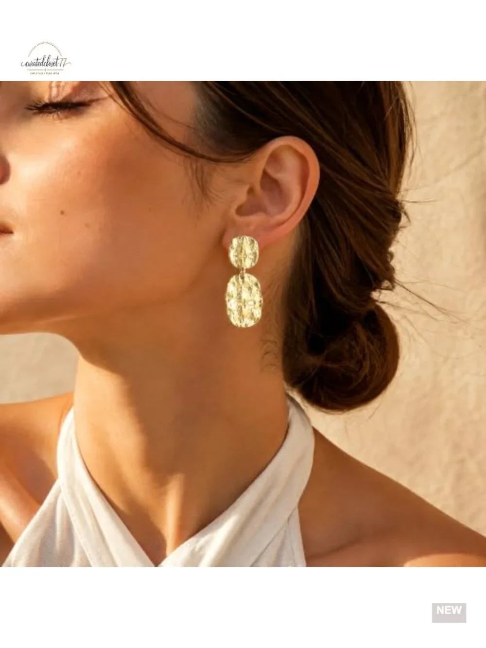 Hammered Textured Double Disc Drop Earrings, Lightweight Abstract Statement
